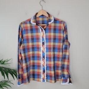Vintage Multicolor Plaid Check Button Front Shirt Lace Trim